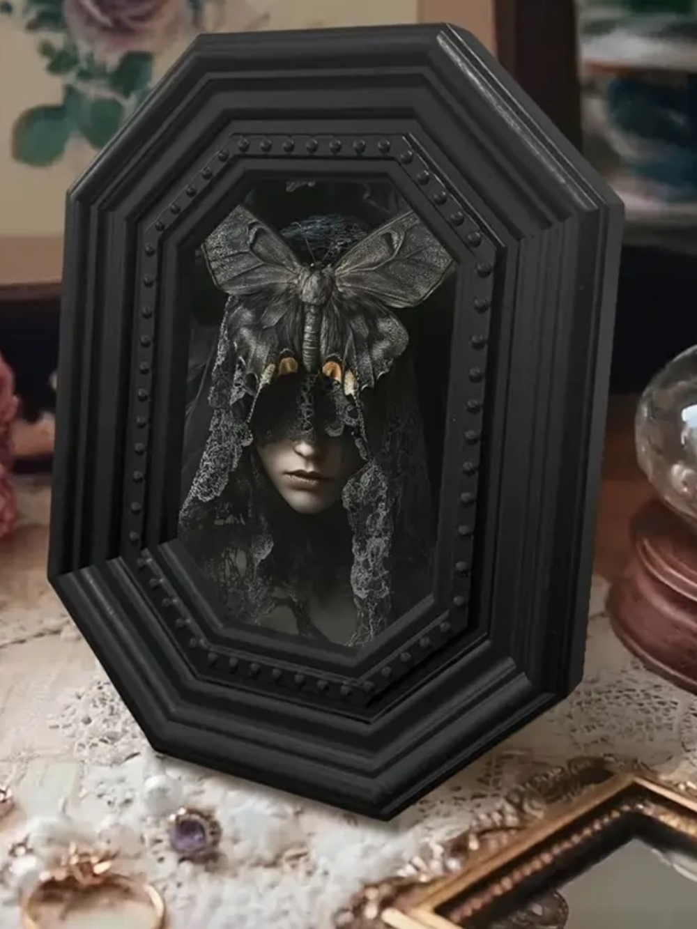 Black Gothic Octagonal Decorative Frame with Moth Art